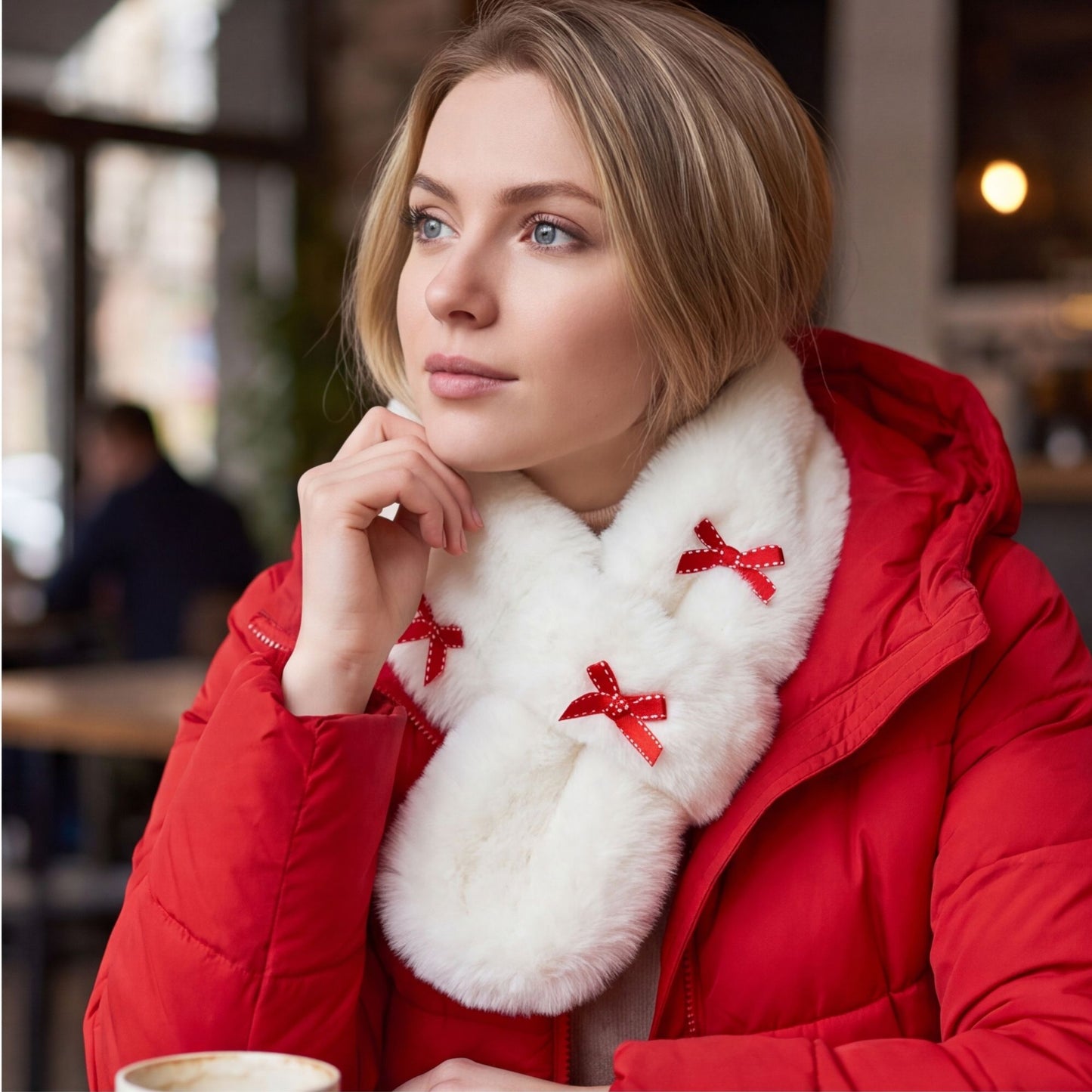 Soft Plush Faux Fur Scarf with Bow Detail Winter Neck Wrap 31.5*4.7 Inches