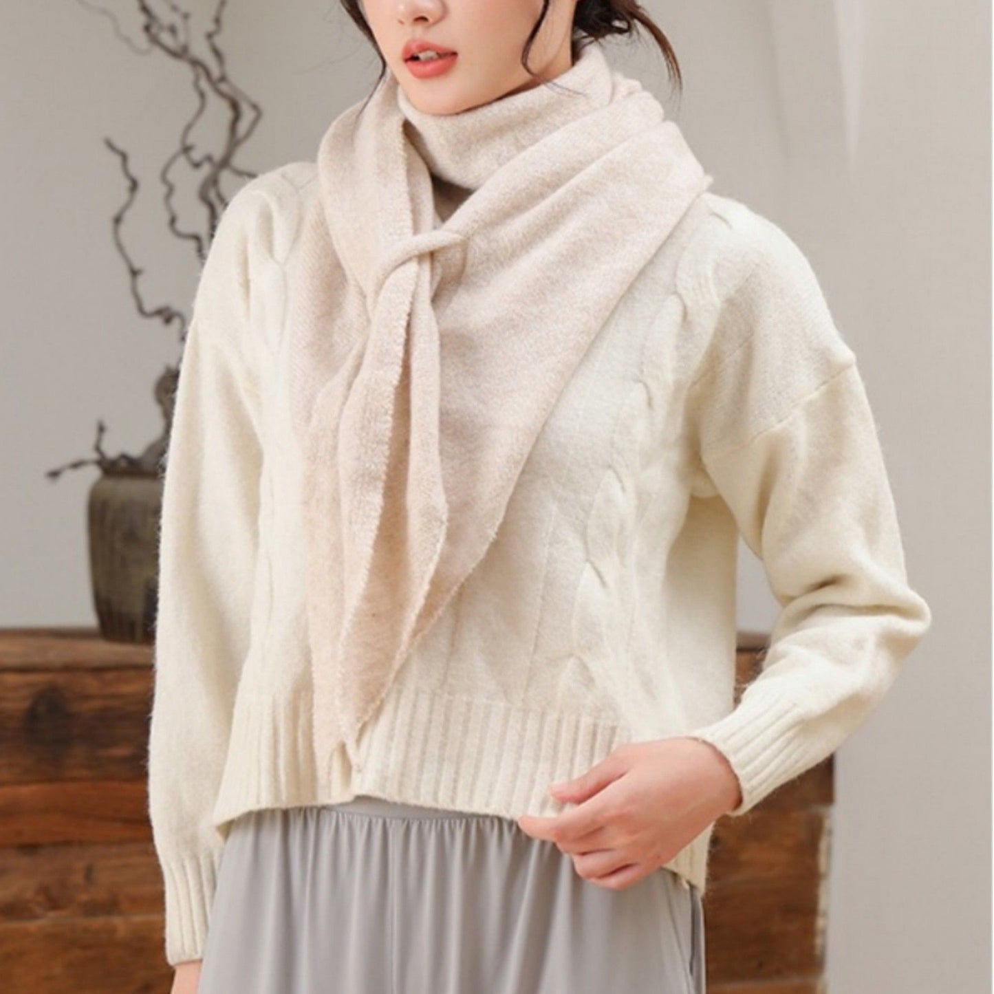 Soft Solid Knit Scarf with Draped Shape, Smooth Textured Finish, and Versatile Wrap Styling Design 68.5x45.5x28.5in