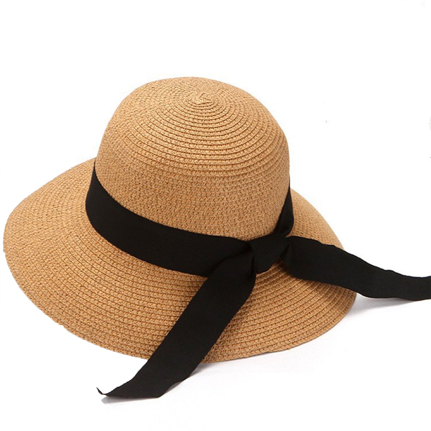Wide Brim Straw Sun Hat with Black Ribbon Bow Adjustable Chin Strap Inner Sweatband for Outdoor and Travel Use