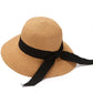 Wide Brim Straw Sun Hat with Black Ribbon Bow Adjustable Chin Strap Inner Sweatband for Outdoor and Travel Use
