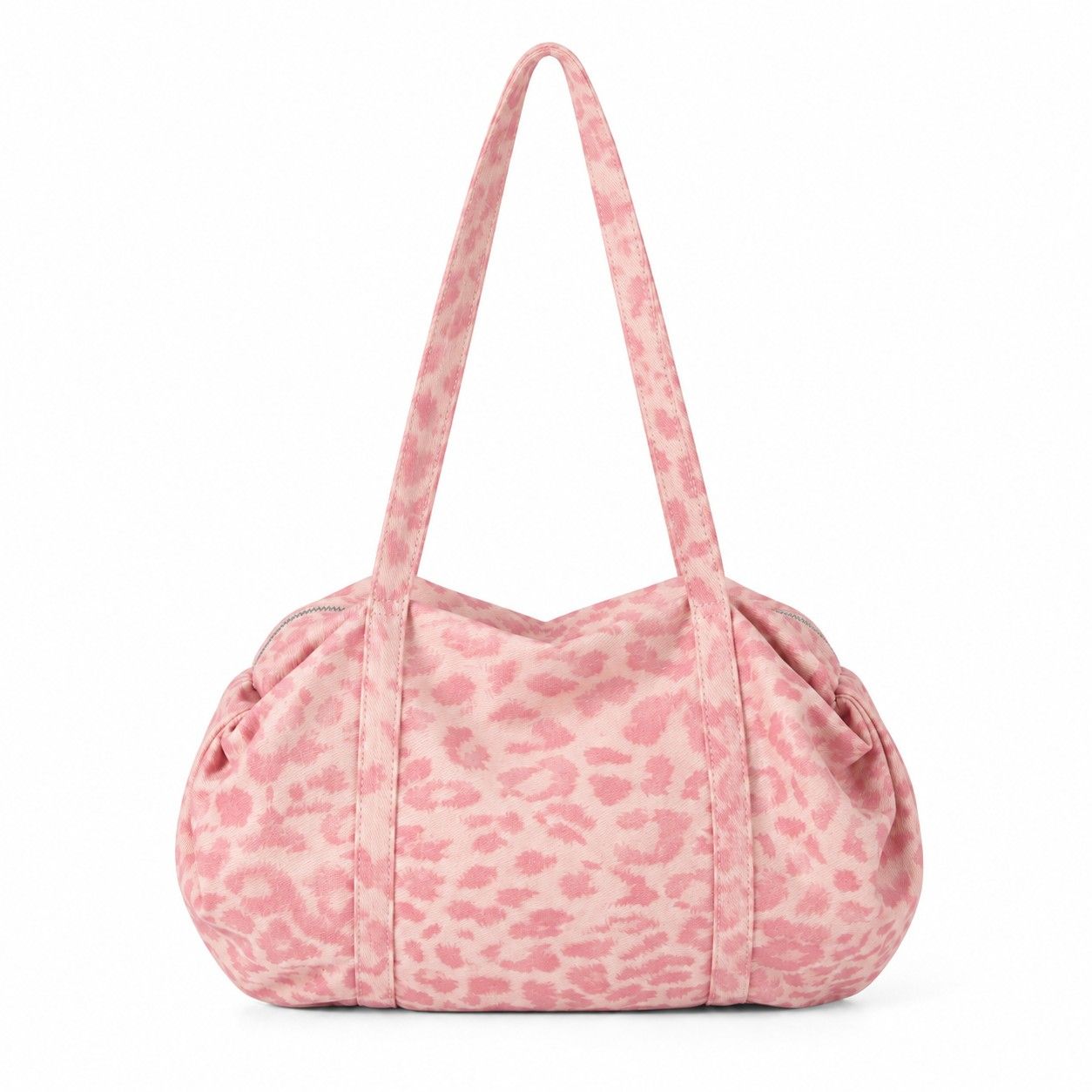 Leopard Print Barrel Shoulder Bag with Zip Closure and Interior Pockets