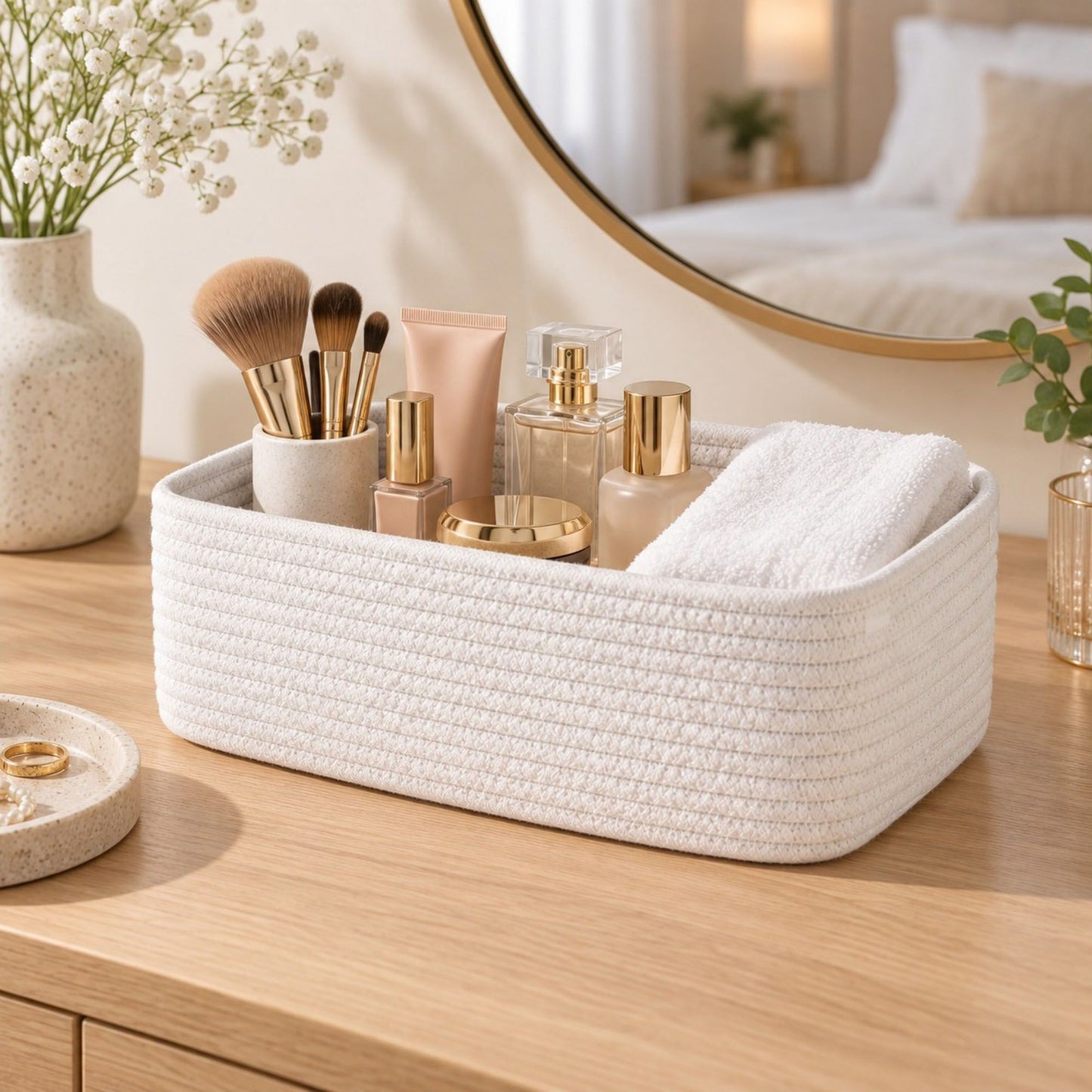 3 Piece Rectangular Woven Cotton Cord Desktop Storage Basket Set