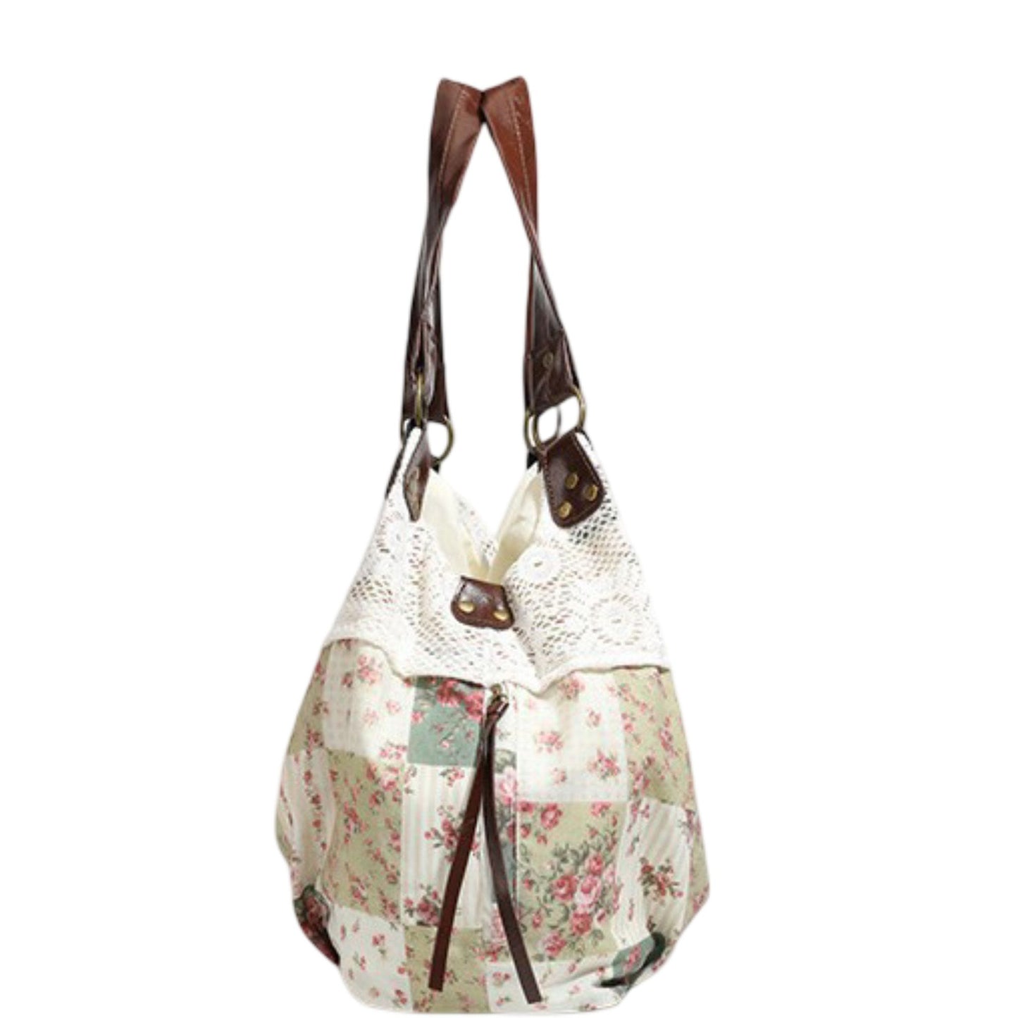 Patchwork Shoulder Bag with Crochet Lace Detail and Faux Leather Straps