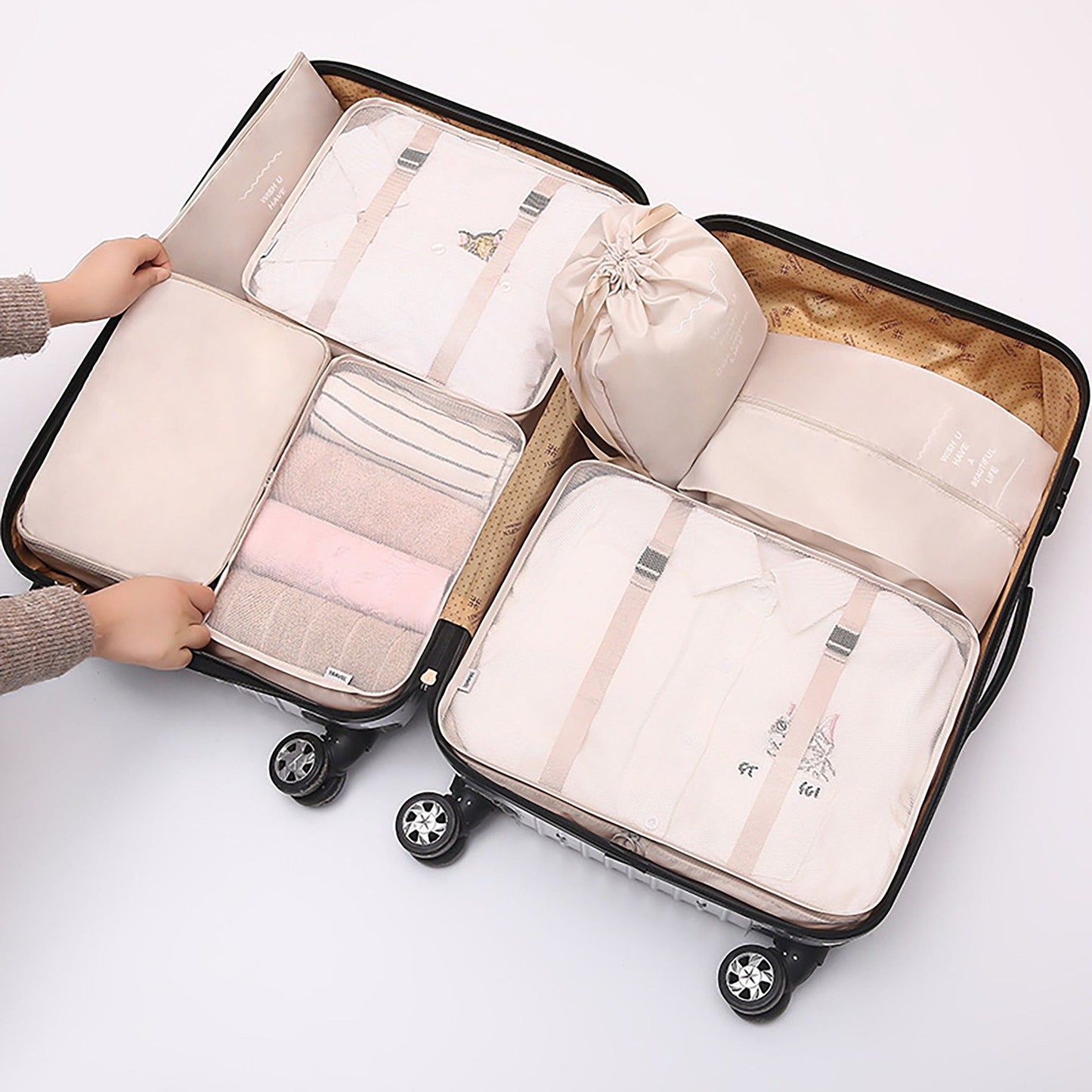 Travel Packing Organizer Set with Mesh Cubes Drawstring Bag Zipper Pouch Lightweight Storage Set