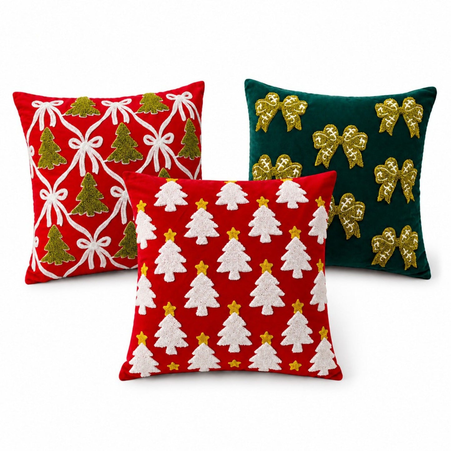 2 Pack Christmas Tree Bow Embroidered Velvet Pillow Covers