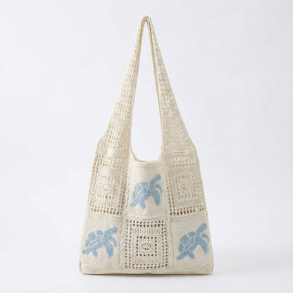 Knit Tote Bag Floral Pattern Shoulder Bag Open Top Casual Everyday Carry Handbag