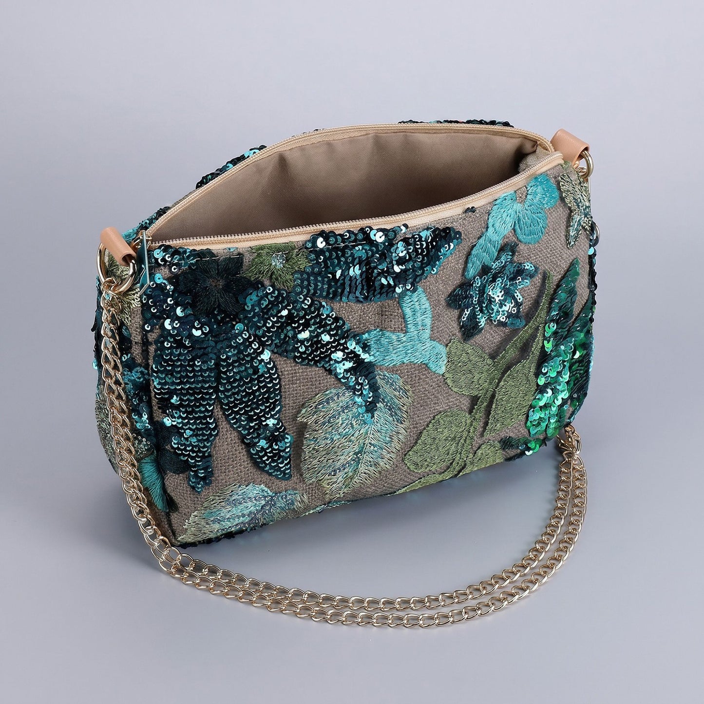 Floral Embroidered Sequin Shoulder Bag with Chain Strap Curved Silhouette