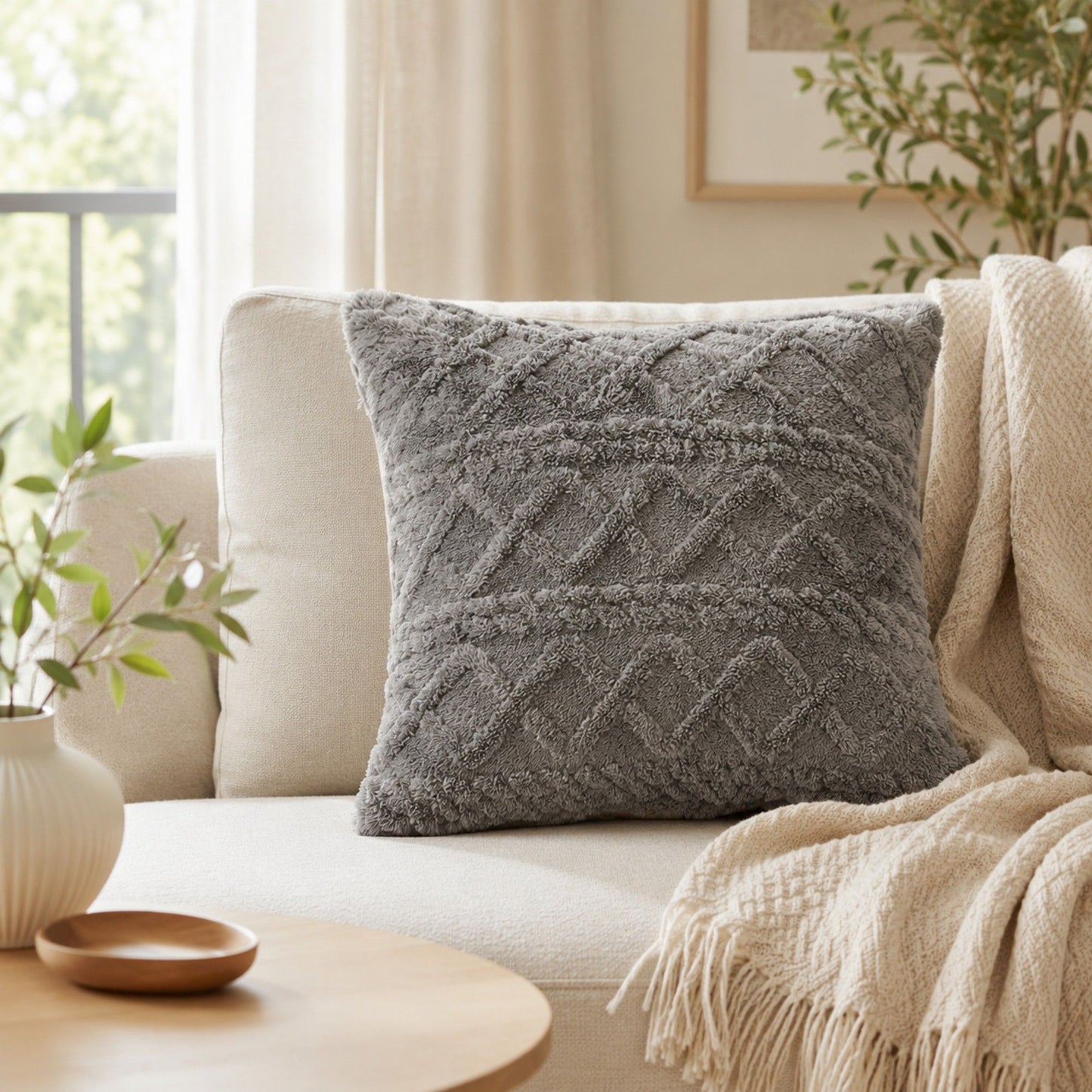 Plush Textured Jacquard Throw Pillow Cover Square Decorative Cushion Cover