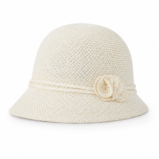 Woven Cloche Sun Hat with Floral Accent and Short Brim