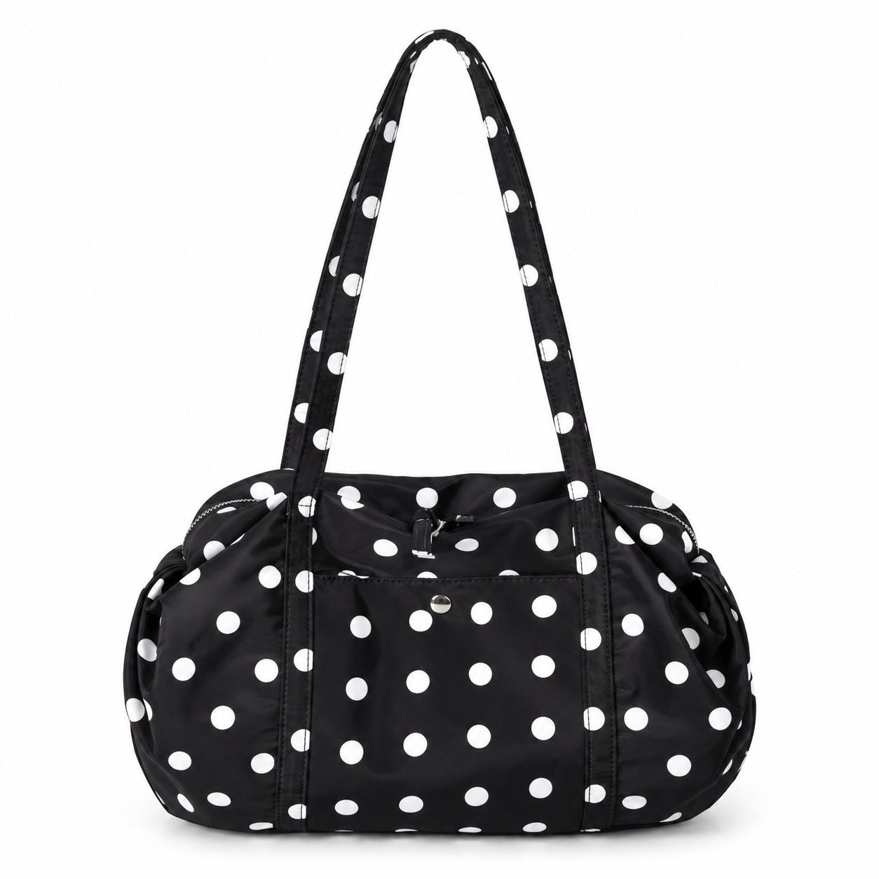 Polka Dot Nylon Barrel Shoulder Bag with Double Handles Zip Closure and Interior Pockets