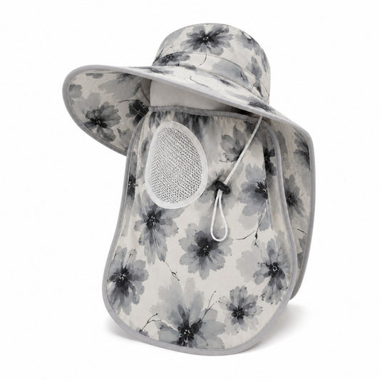 Floral Wide Brim Sun Hat with Face Cover Neck Flap and Mesh Breathing Panel
