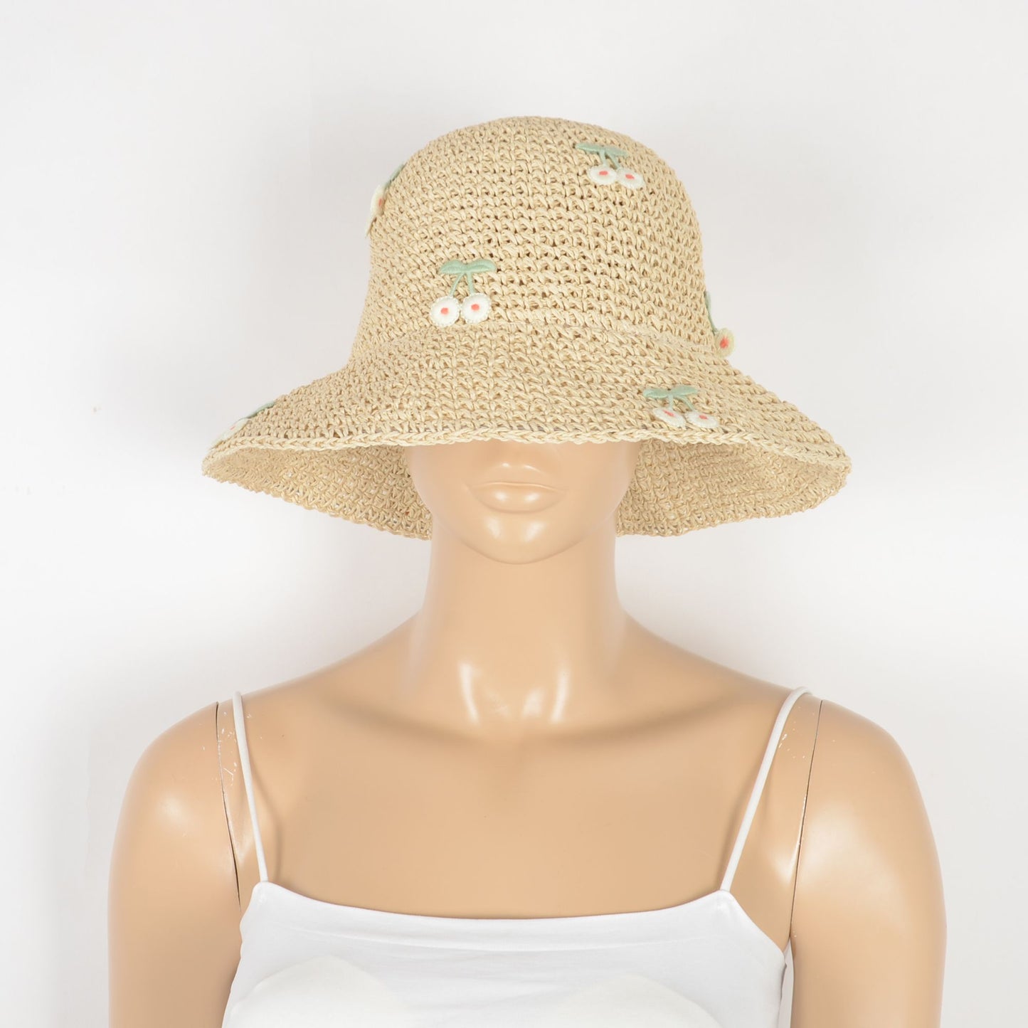Straw Bucket Hat with Cherry Embellishments