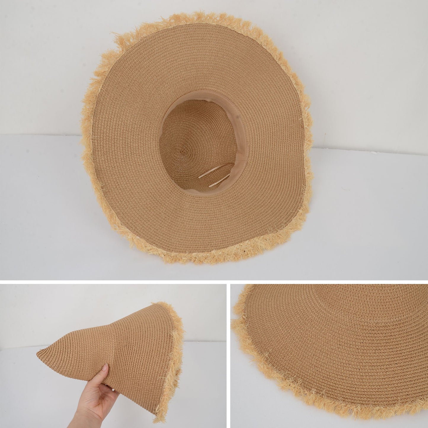 Wide Brim Straw Floppy Hat with Frayed Edges Lightweight Sun Protection for Beach Vacation Outdoor Travel Style