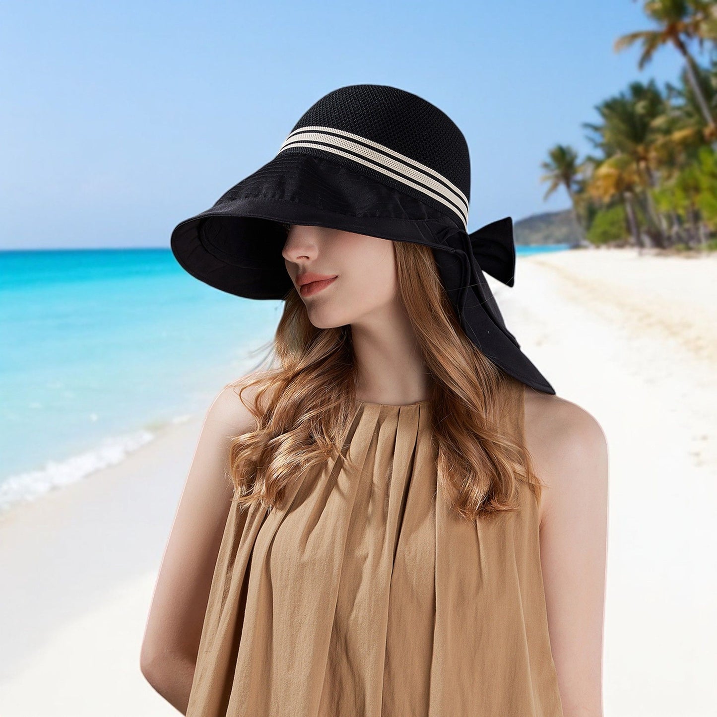 Wide Brim Mesh Sun Hat with Back Bow UV Protection Foldable Travel Hat for Women Outdoor Summer Style