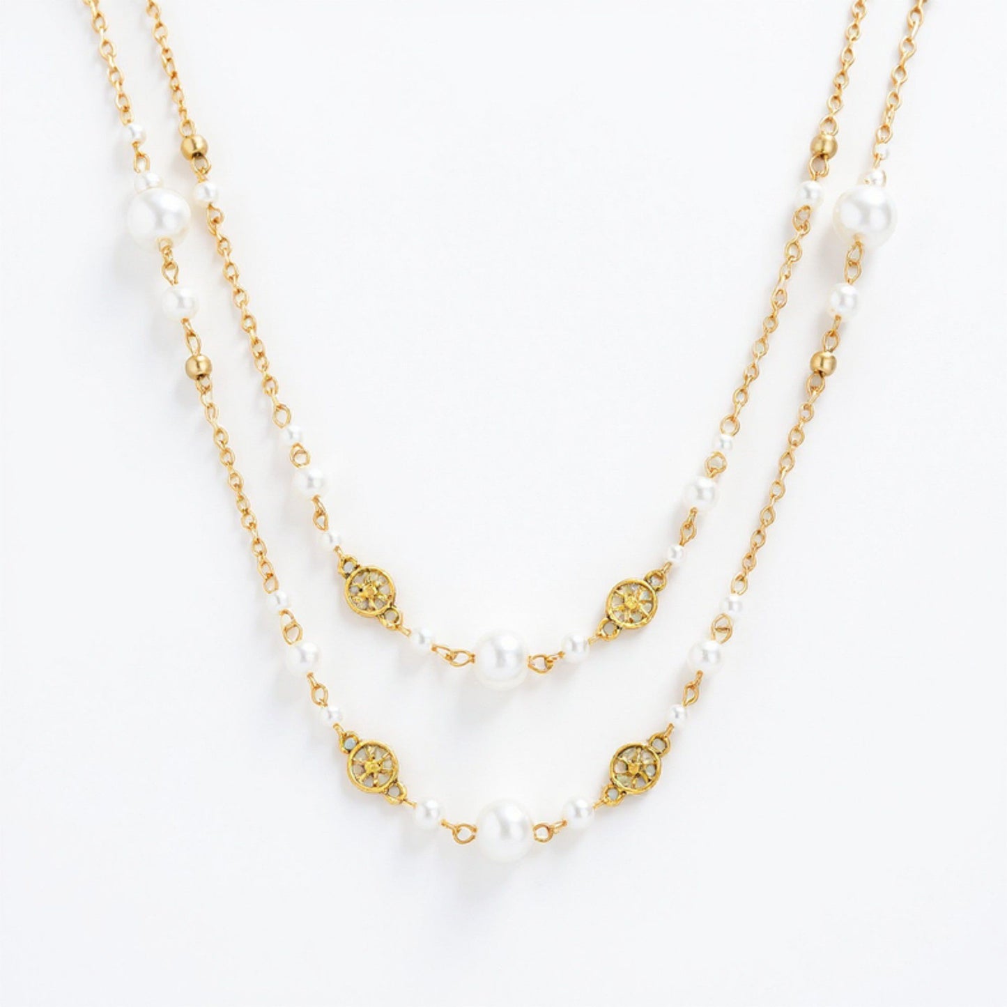 Women's Layered Pearl Beaded Necklace with Gold Filigree Accents 31.5in/39.5in