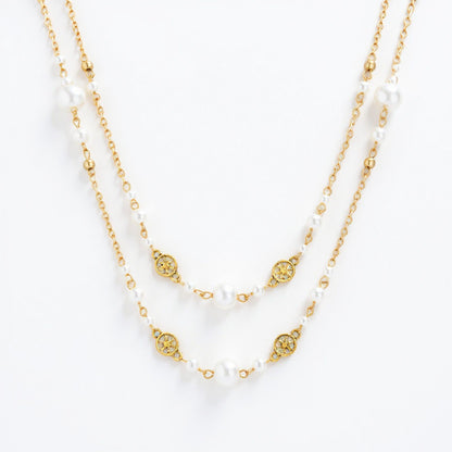 Women's Layered Pearl Beaded Necklace with Gold Filigree Accents 31.5in/39.5in