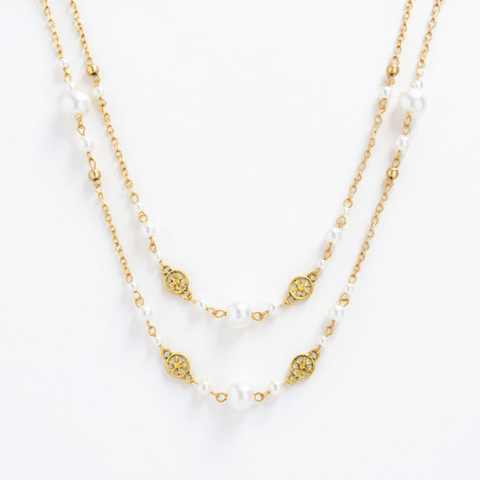 Women's Layered Pearl Beaded Necklace with Gold Filigree Accents 31.5in/39.5in