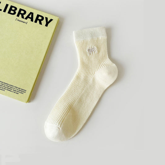 Ribbed Ankle Socks with Bow Embroidery 5Pk