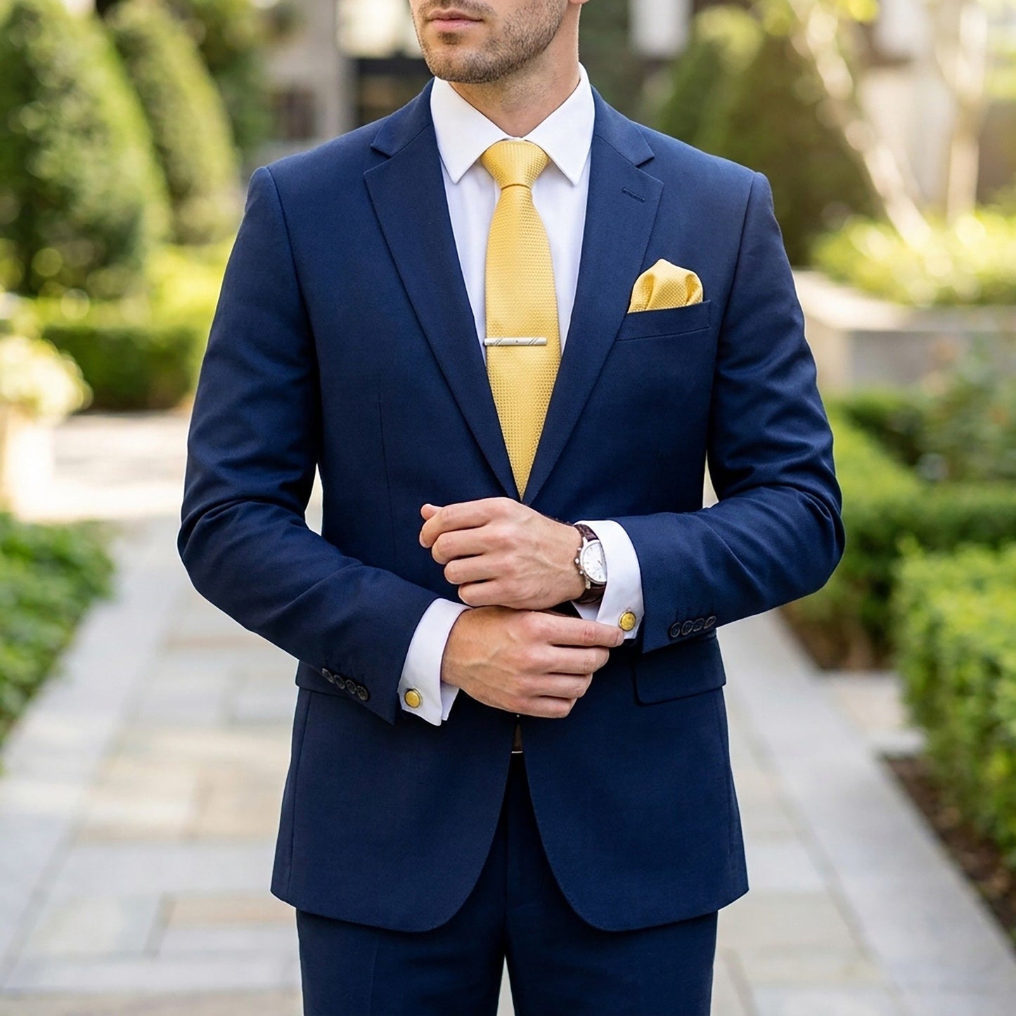 Men's Textured Solid Color Tie Gift Set with Matching Pocket Square Cufflinks and Silver Tie Clip