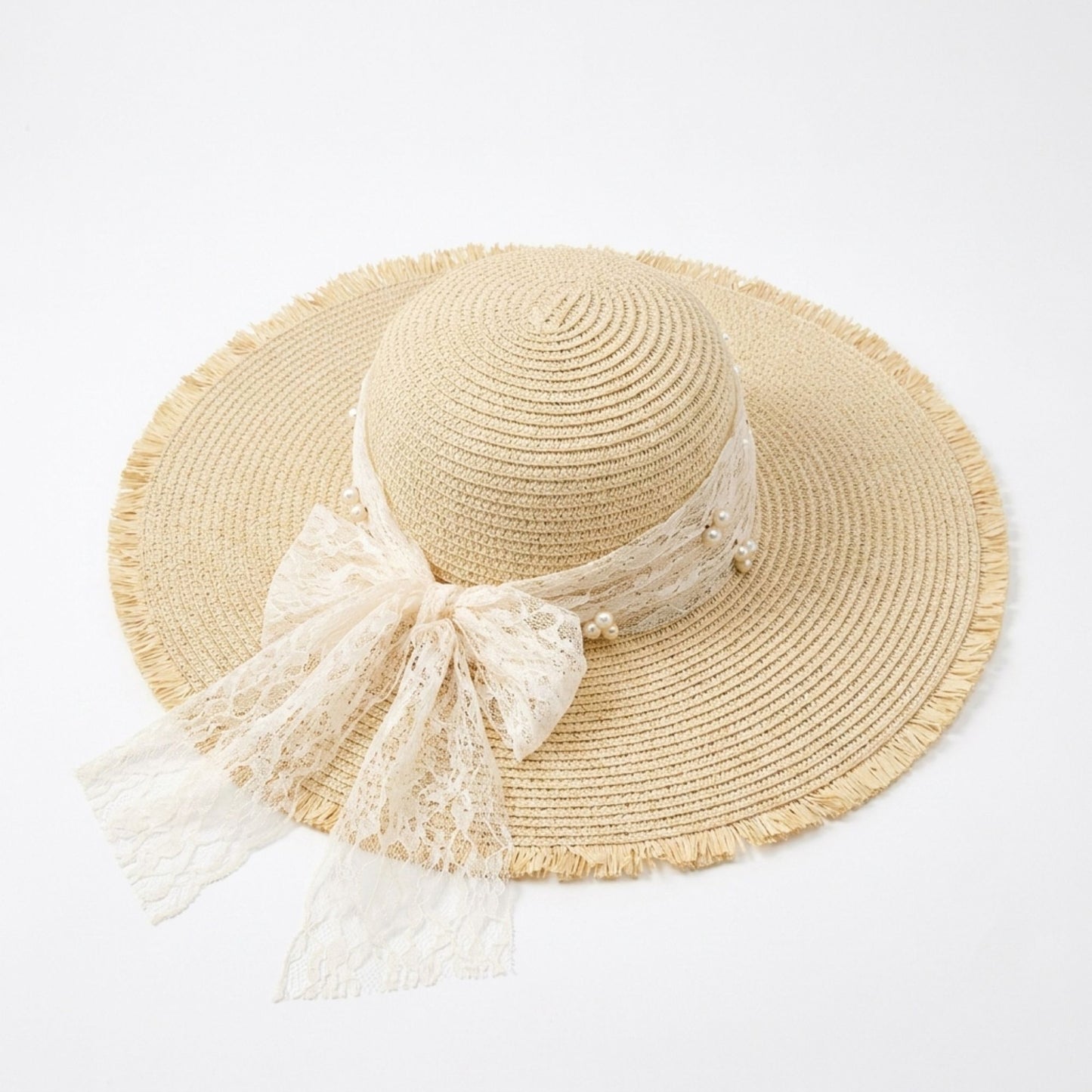 Wide Brim Sun Hat with Lace Band and Frayed Edge