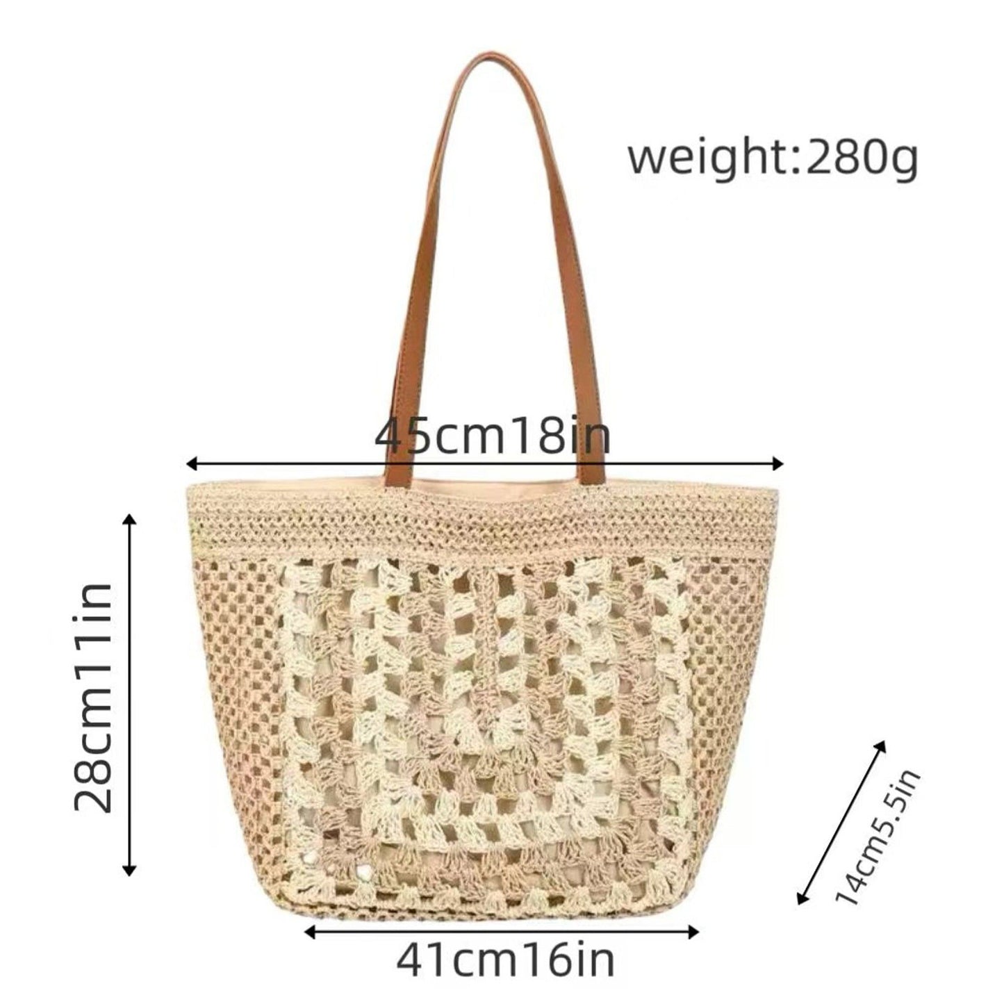 Woven Crochet Tote Bag with Openwork Panel Design Leather Shoulder Strap Lightweight Knit Handbag