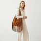 Slouchy Fringe Hobo Shoulder Bag with Tie Closure and Inner Pockets