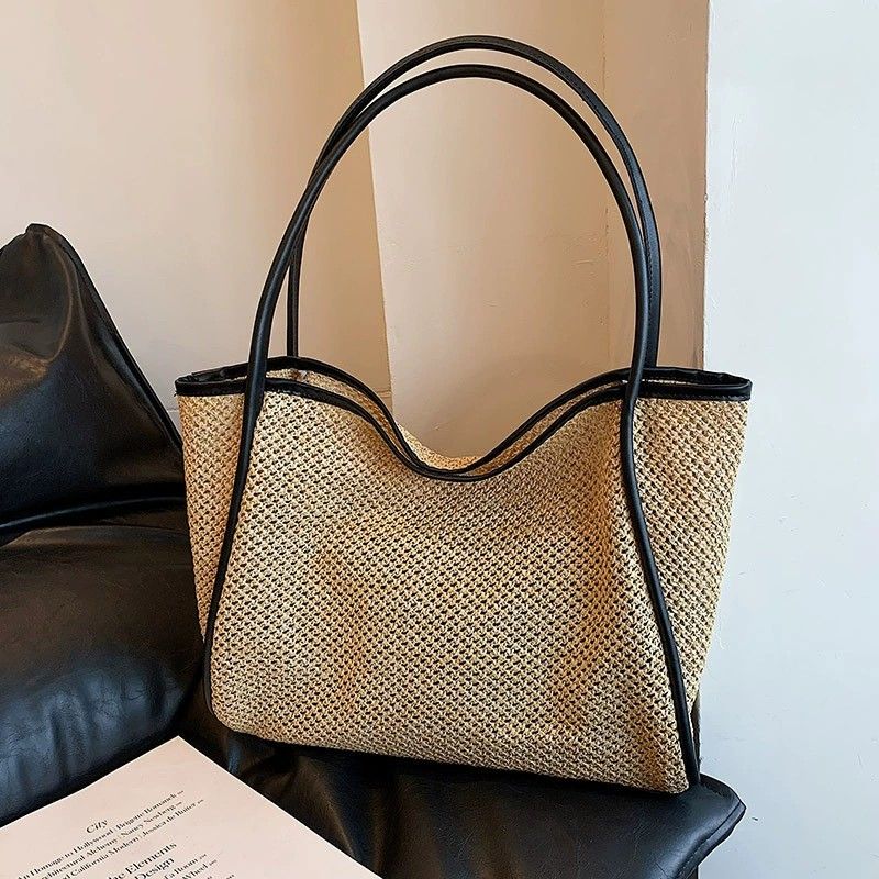 Woven Straw Tote Bag with Shoulder Straps Lightweight Crochet Knit Tote with Pouch