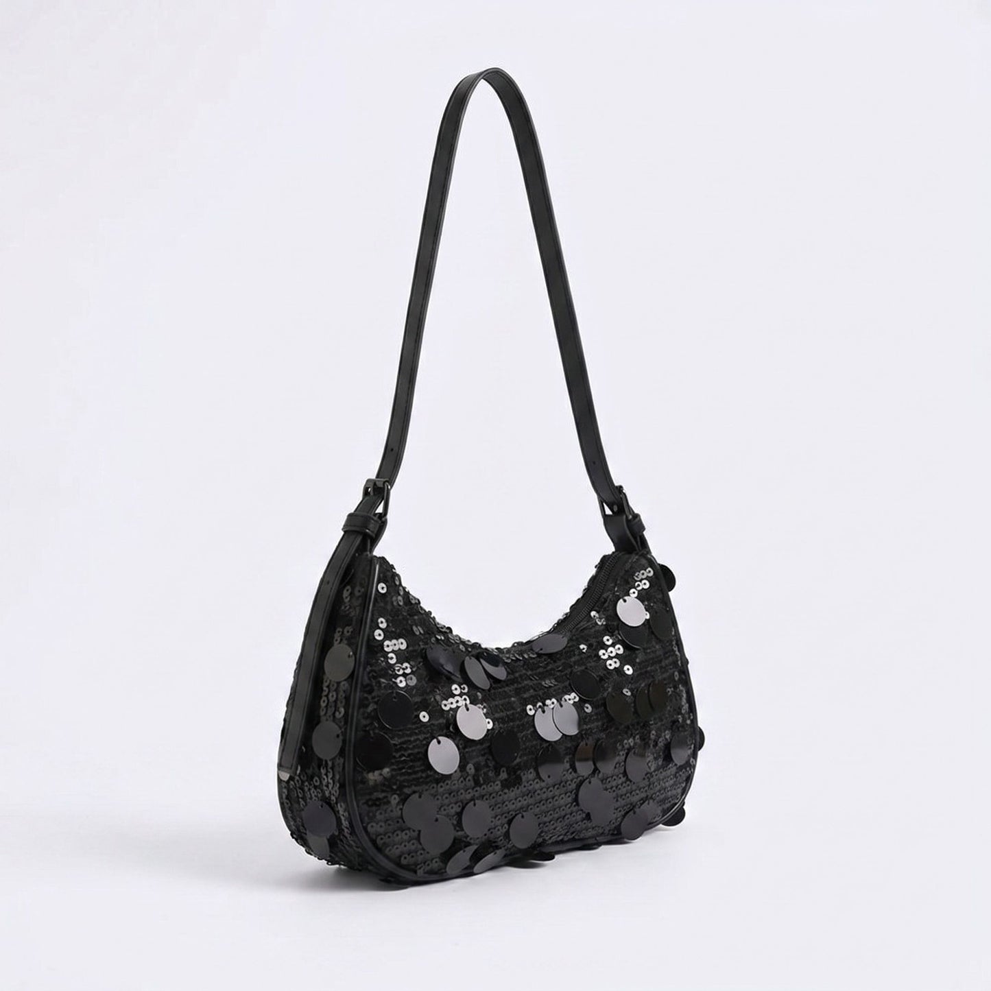 Sequin Crescent Shoulder Bag with Disc Paillette Details and Slim Strap