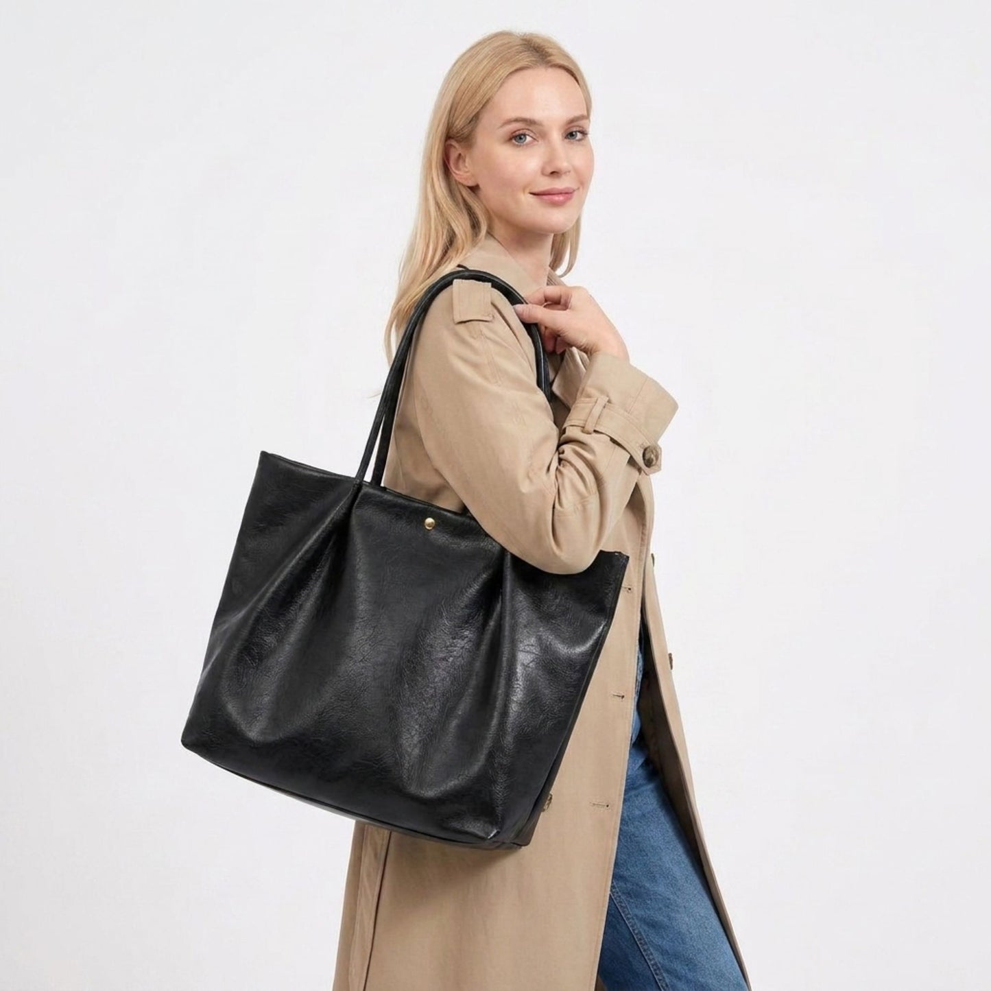 Large Capacity Pleated Faux Leather Shoulder Tote Bag for Work