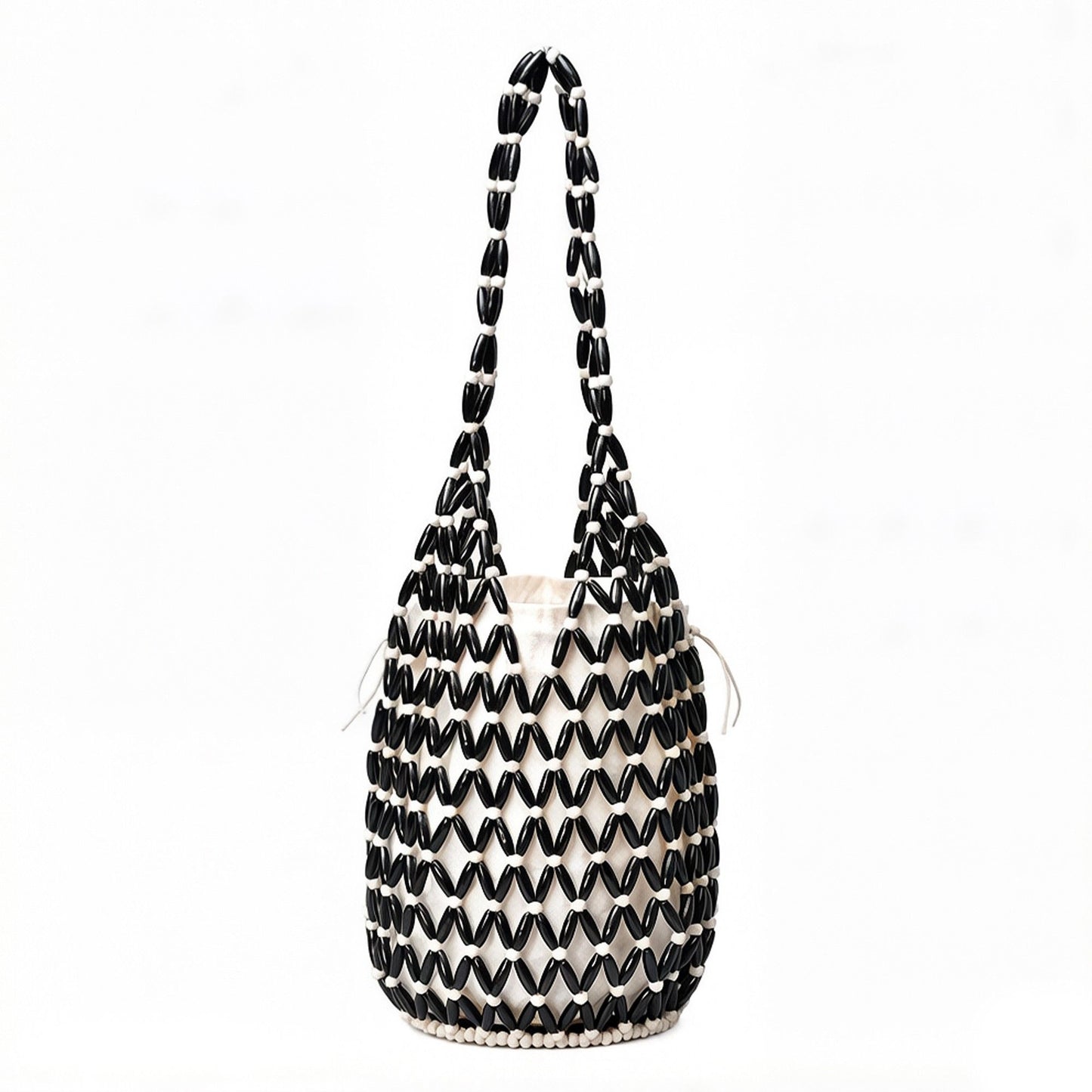 Beaded Bucket Bag with Inner Pouch Open Weave Wooden Bead Shoulder Handbag Lightweight Drawstring Tote
