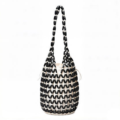 Beaded Bucket Bag with Inner Pouch Open Weave Wooden Bead Shoulder Handbag Lightweight Drawstring Tote