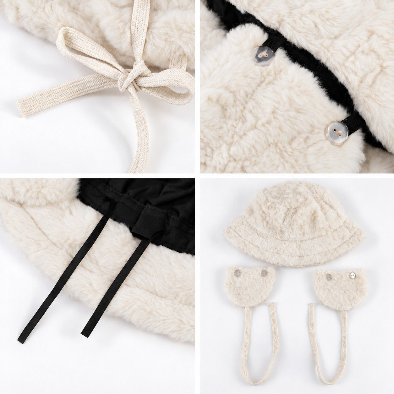 Plush Bucket Hat Removable Ear Flaps Tie Straps Fuzzy Winter Hat