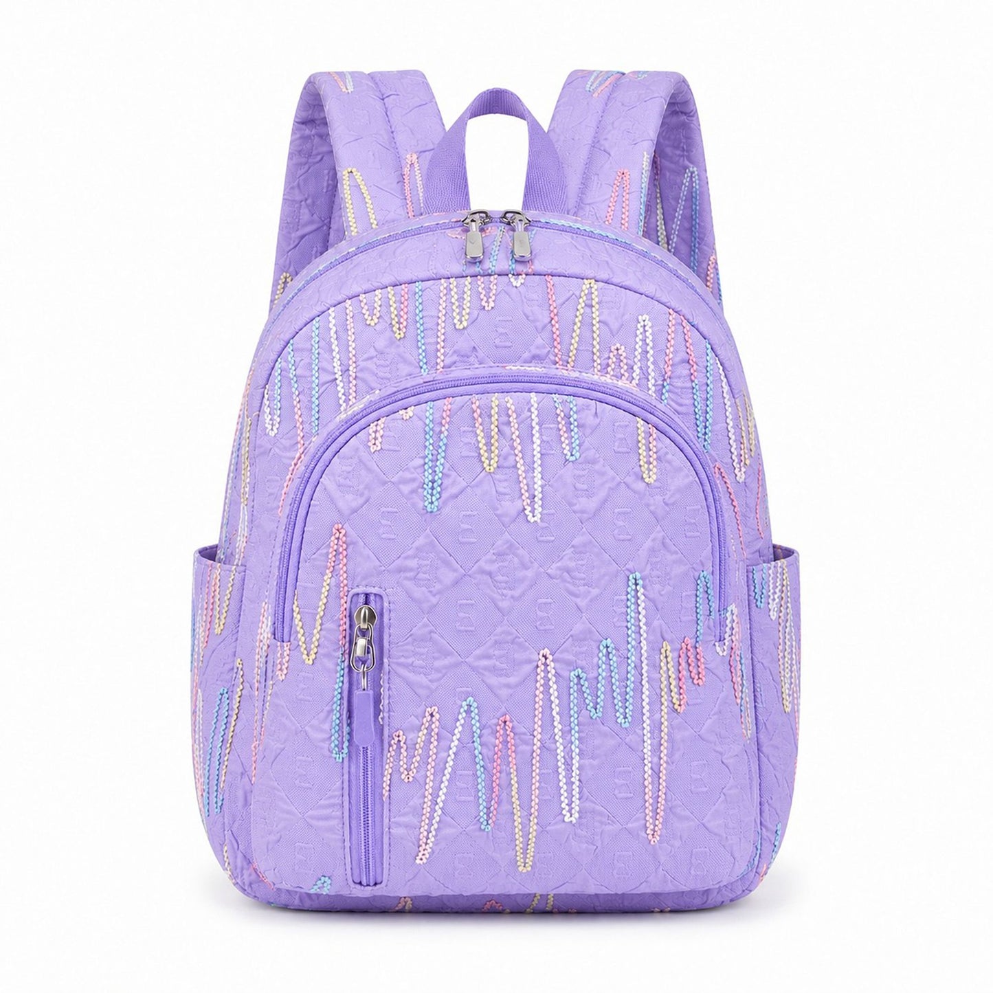Quilted Backpack with Embroidered Pattern and Multiple Pockets