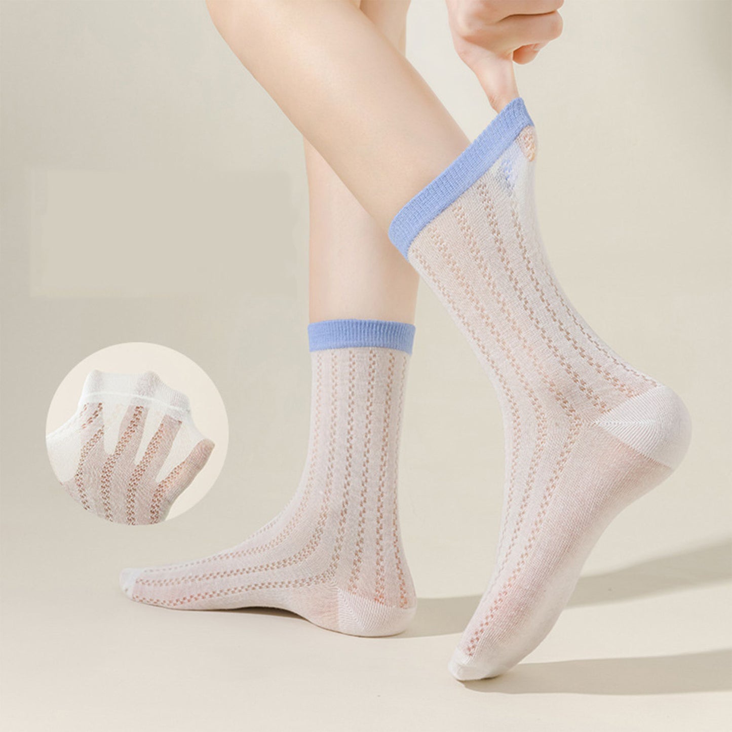 5 Pairs Women's Breathable Lace-Knit Crew Socks with Colored Cuffs Soft Lightweight Anti-Odor for Casual Wear