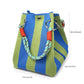 Small Striped Knit Bucket Bag with Rope Handles and Snap Closure