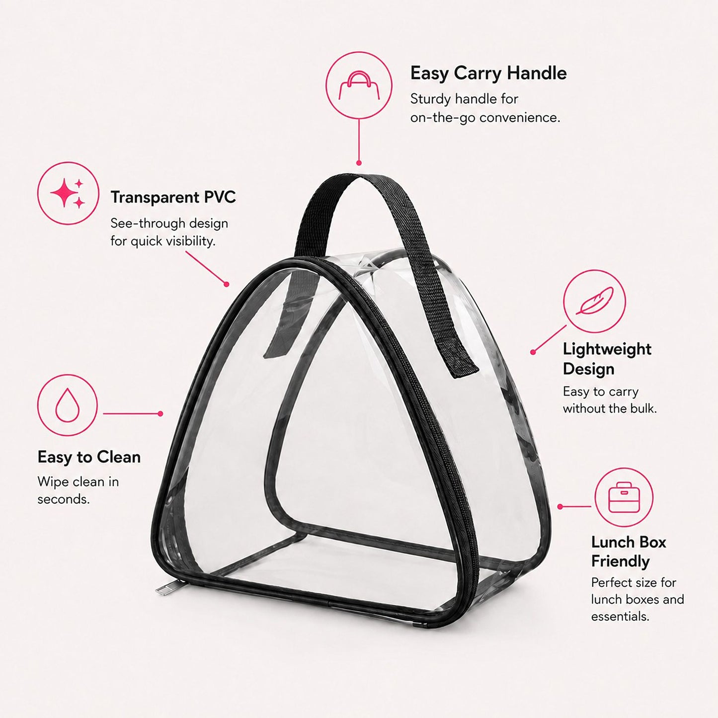 Clear Triangular Lunch Bag with Zipper Closure and Top Handle