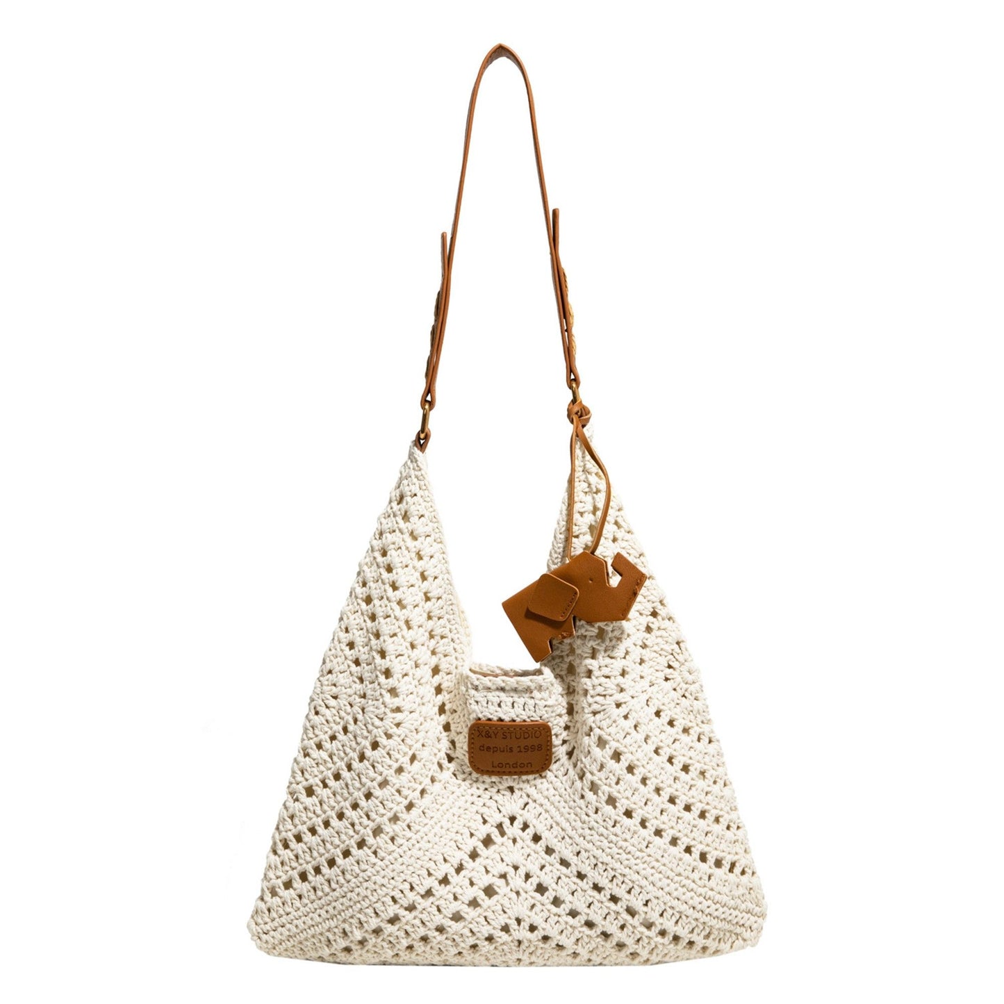 Woven Crochet Shoulder Bag with Leather Strap Slouchy Hobo Handbag Lightweight Knit Tote