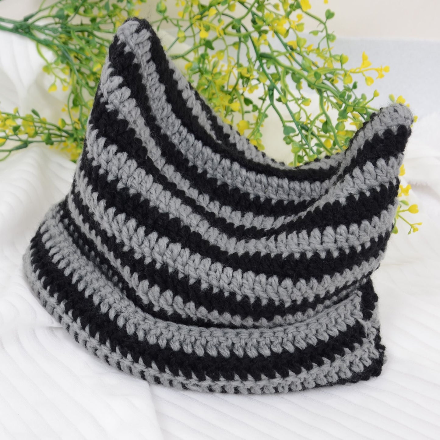 Vintage Crochet Hats Cute Cat Ear Striped Slouchy Beanies Cap for Women and Grey