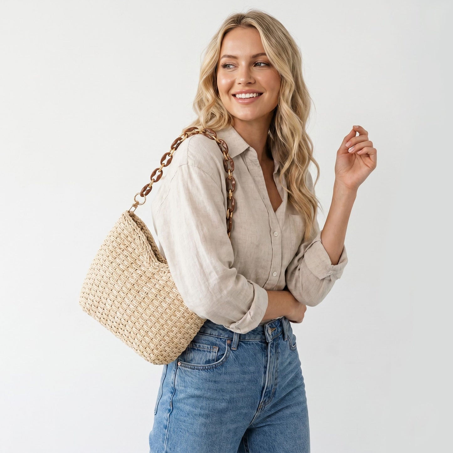 Woven Shoulder Bag with Chain Strap Zip Closure and Interior Slip Pocket