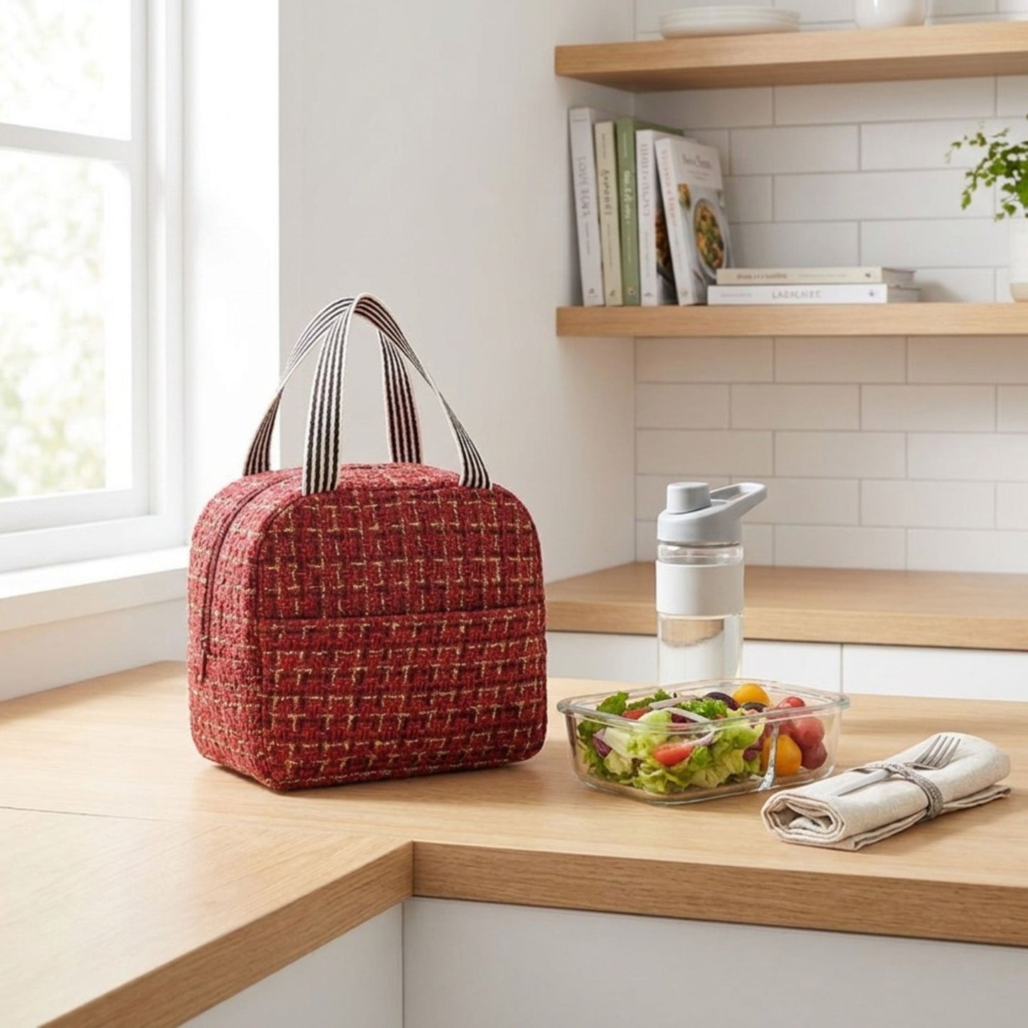 Reusable Lunch Bag Large Capacity Zipper Tote with Striped Handles
