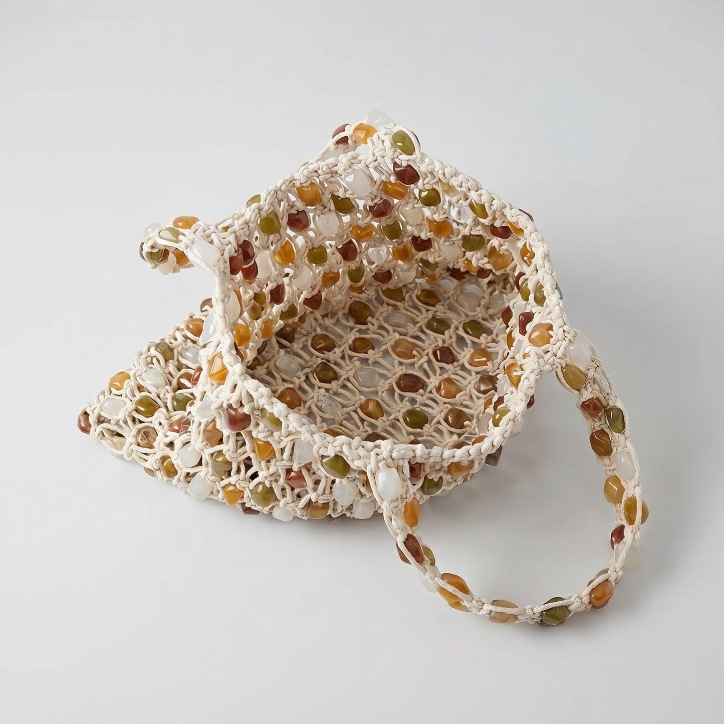 Beaded Shoulder Bag with Open Macrame Design and Double Strap