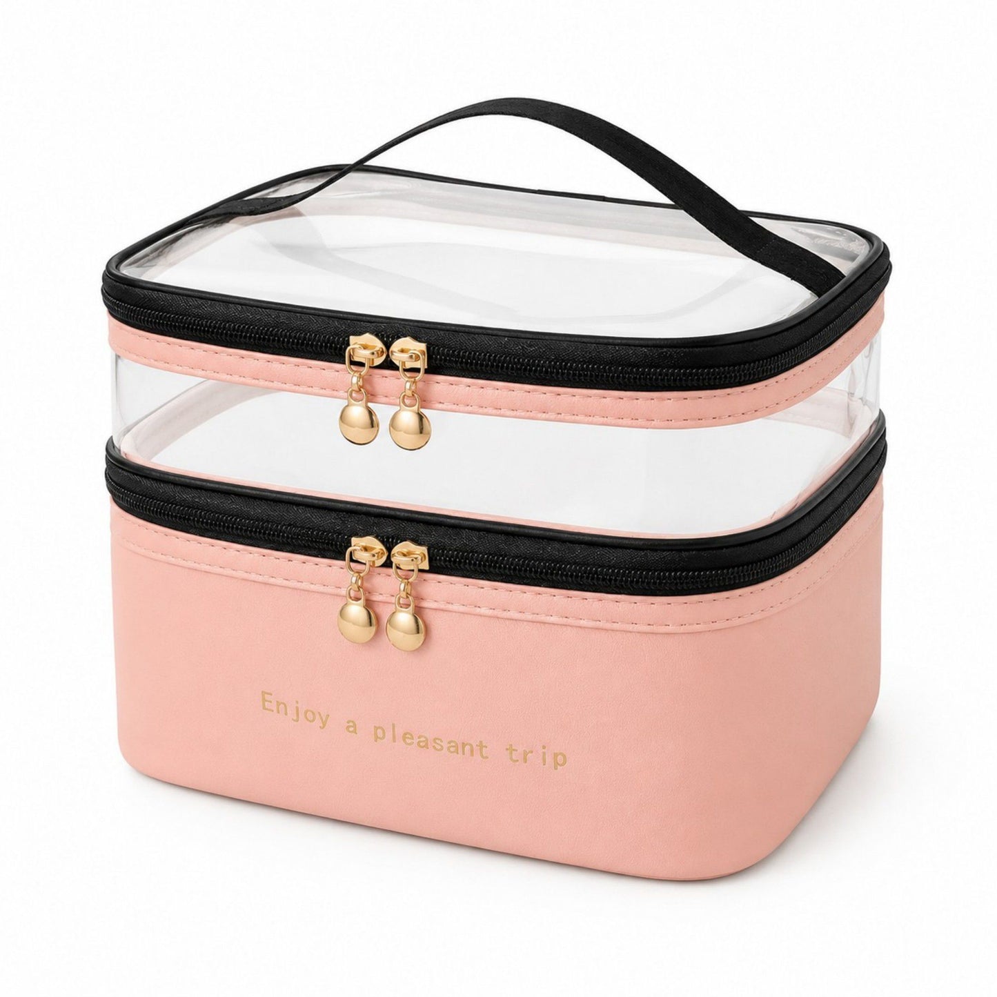 Two-Tier Clear Travel Makeup Bag with Handle for Toiletries and Beauty Storage