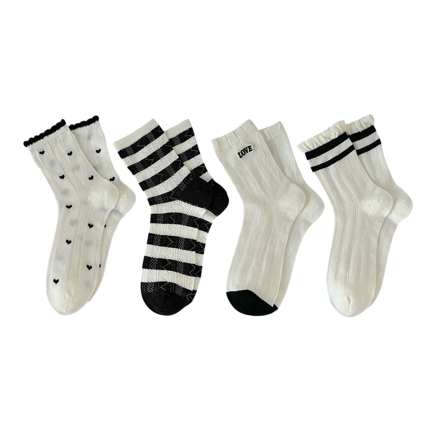 4 Pairs Crew Socks with Black and White Patterns Soft Cotton Texture Heart and Stripe for Flats and Dress Shoes