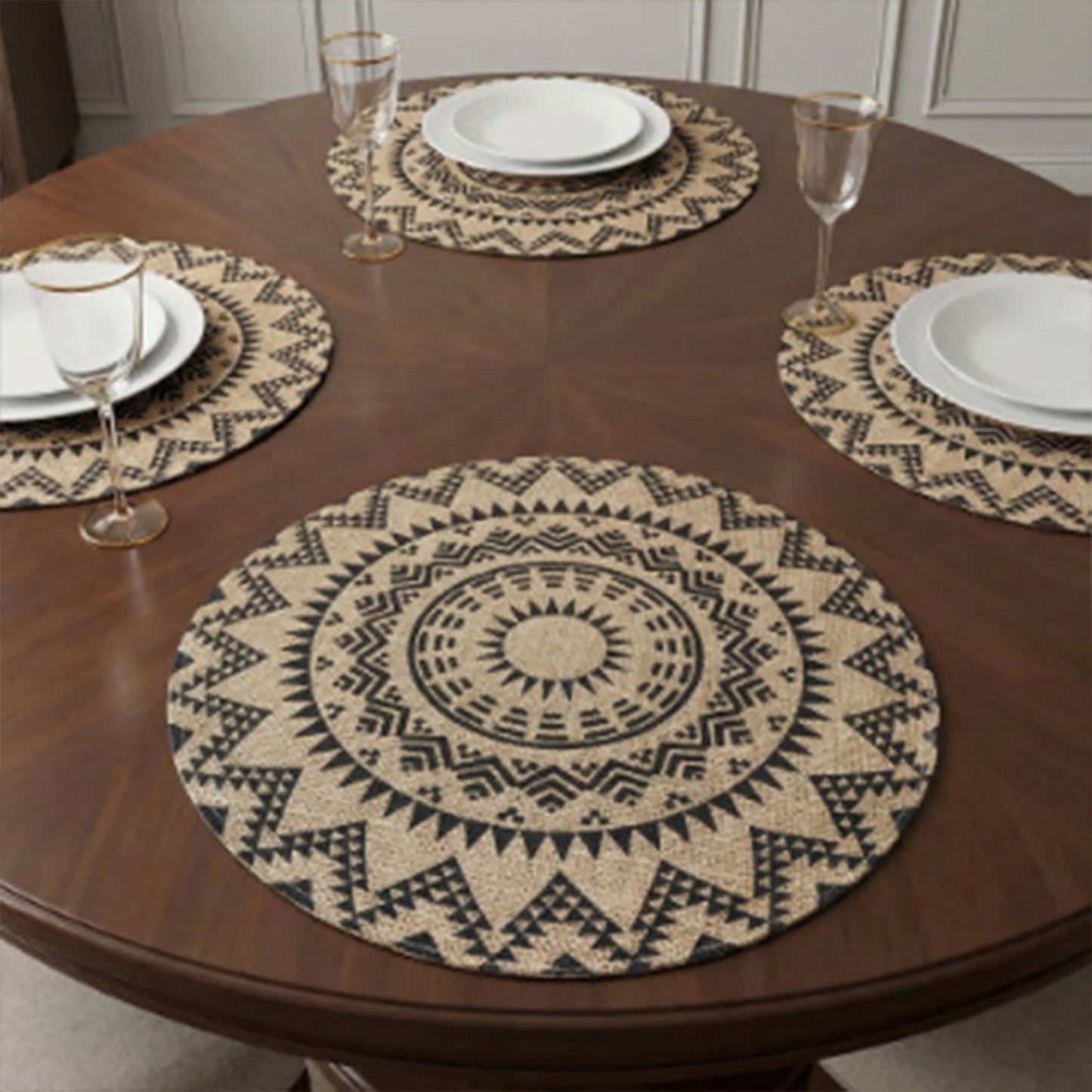 4 Piece Boho Round Placemat Set Woven Look Heat Resistant Table Mats for Dining Table