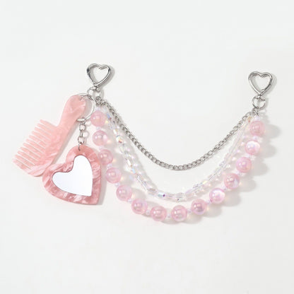 Layered Beaded Bag Charm Chain with Heart Mirror and Mini Comb