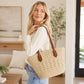 Woven Straw Tote Bag with Zip Closure Small Interior Pocket and Leather Handles