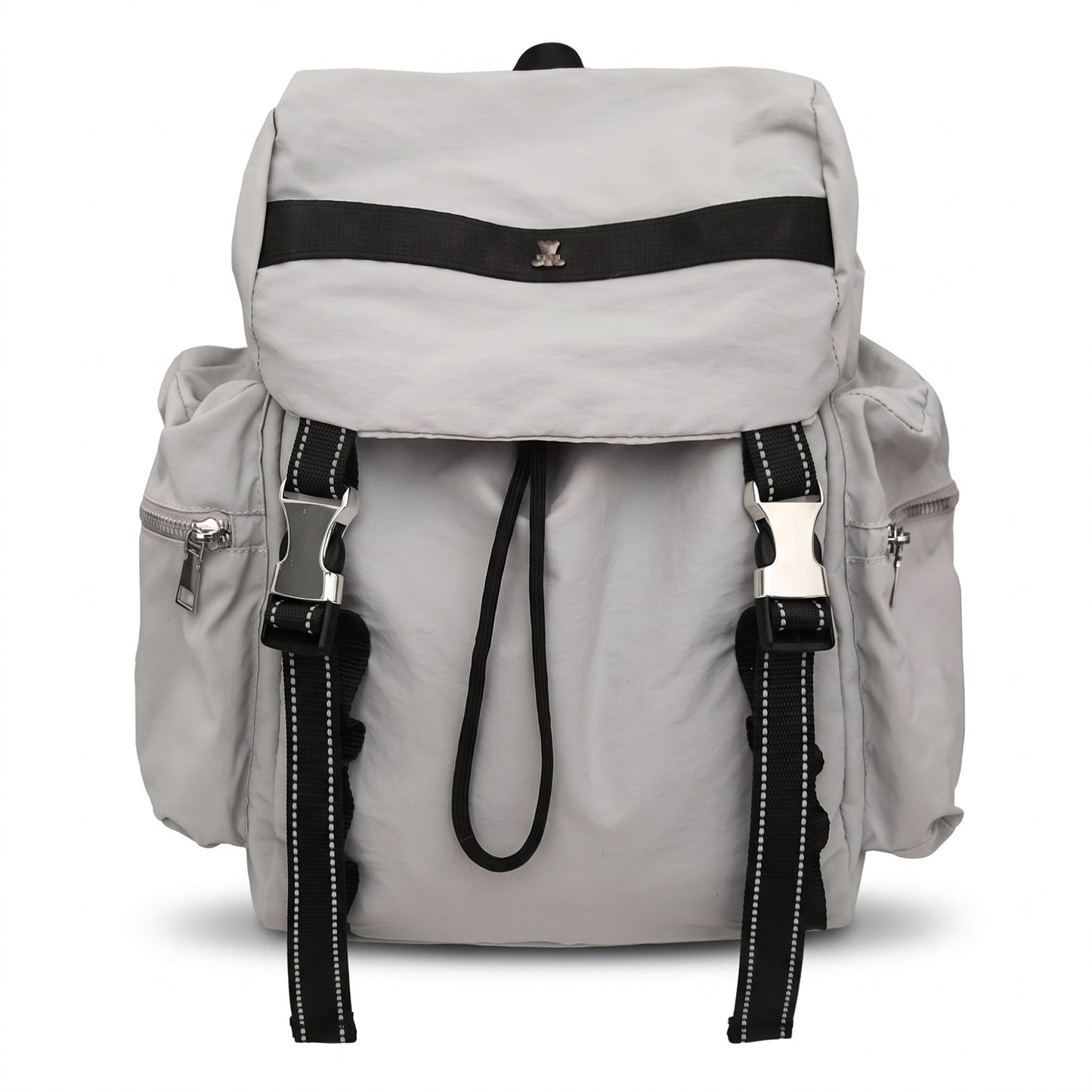 Flap Drawstring Backpack with Dual Buckle Straps and Zippered Side Pockets