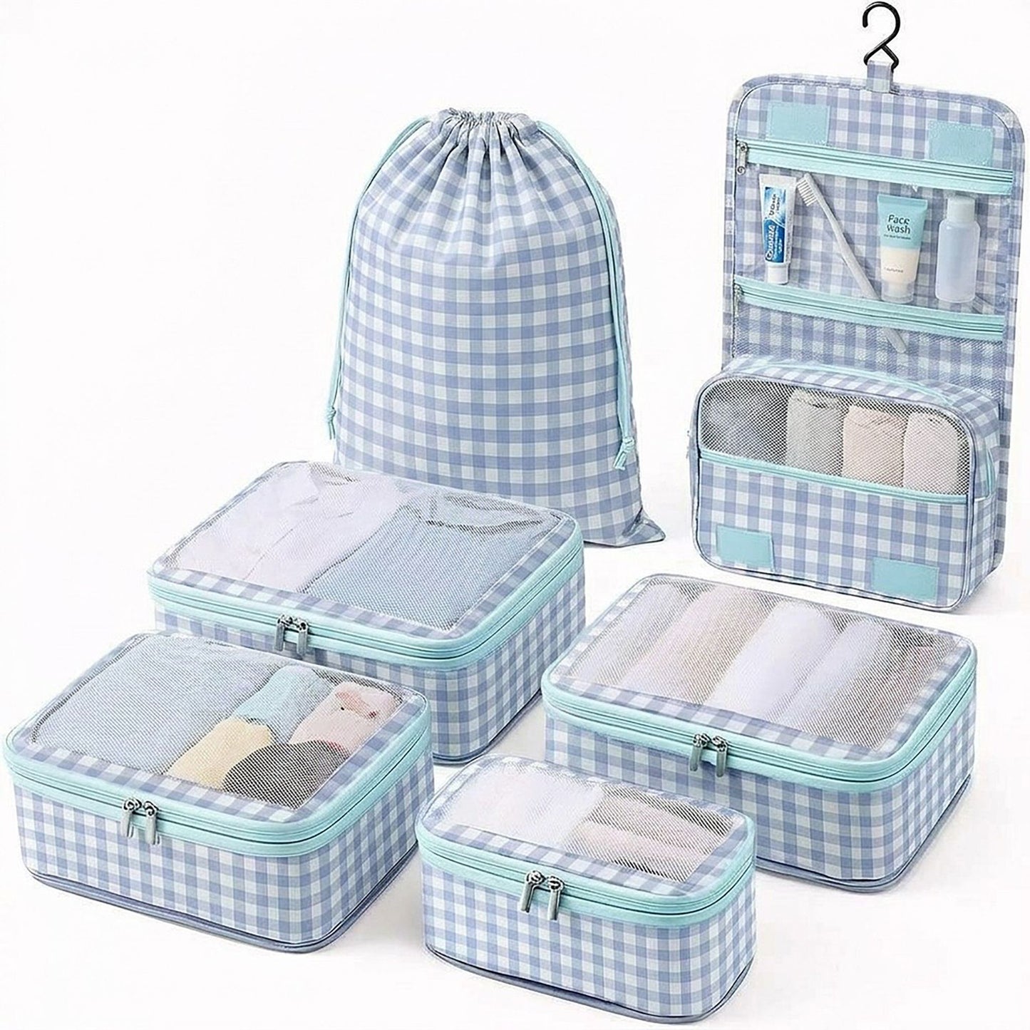 6 Piece Travel Packing Cube Set with Hanging Toiletry Bag