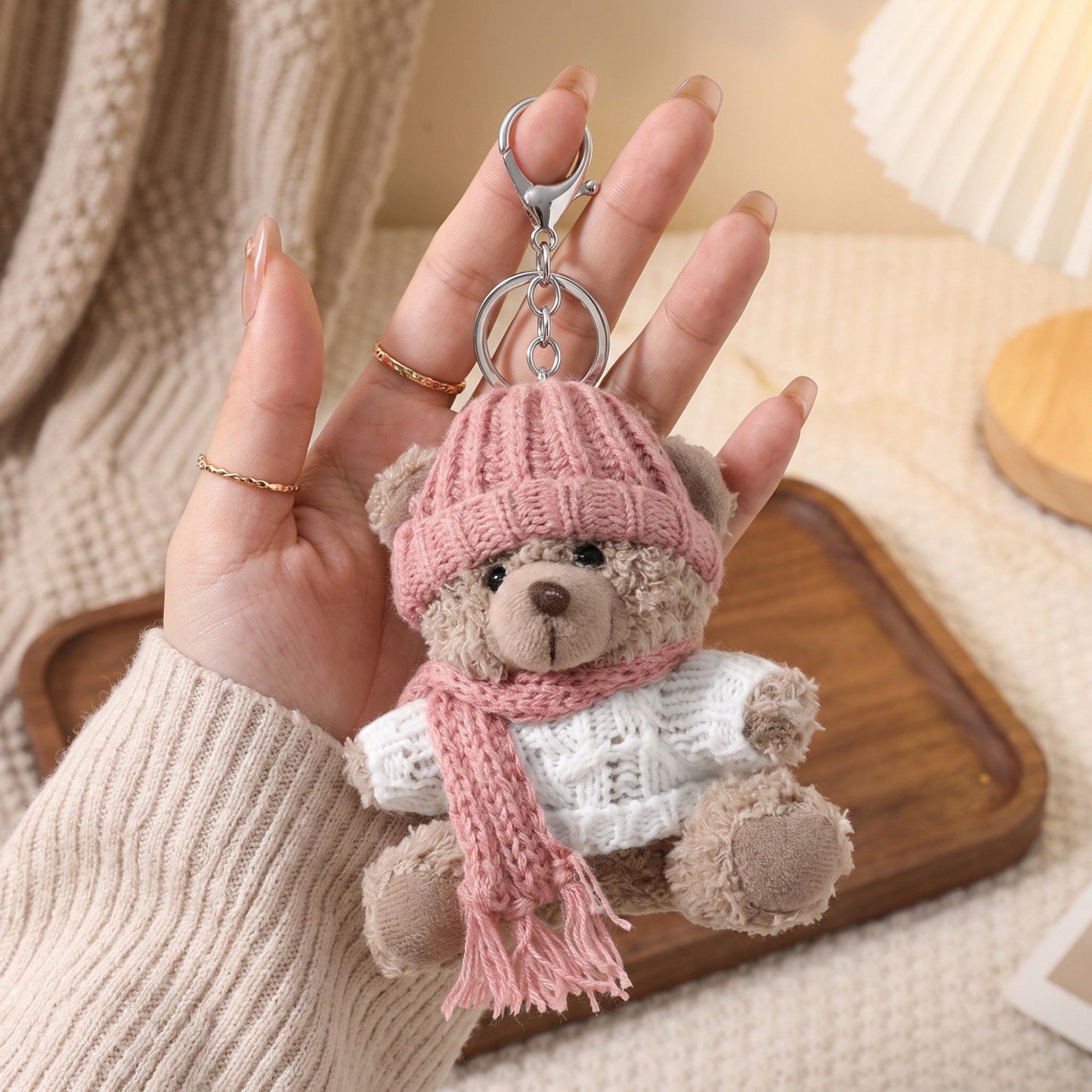 Plush Teddy Bear Keychain Bag Charm with Knit Hat and Scarf