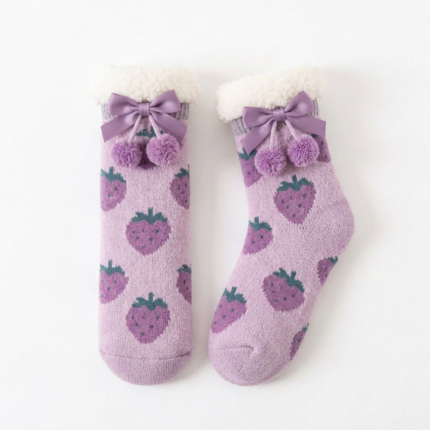 Fuzzy Strawberry Bow Crew Socks  US 5-10.5
